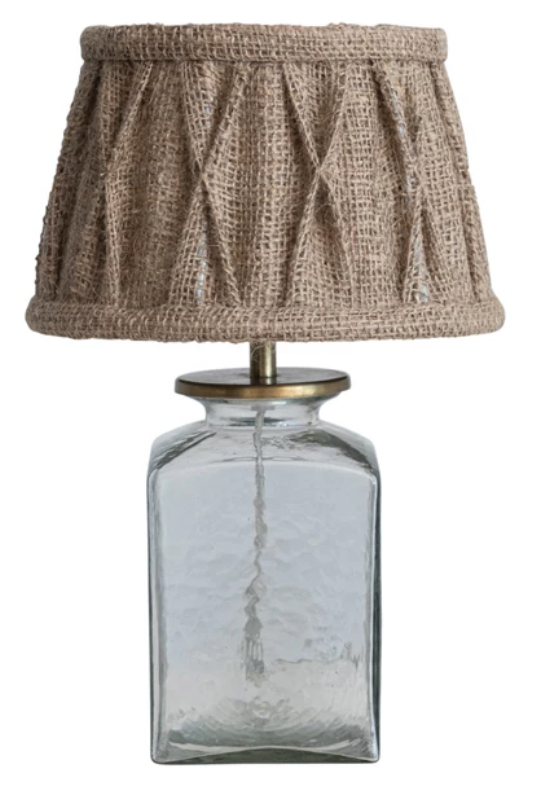 Small Glass & Metal Table Lamp w/ Pintucked Jute Shade