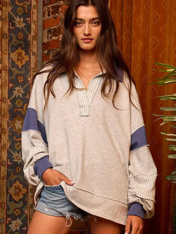 Bucket List Color-Block Collared Loose Fit Top