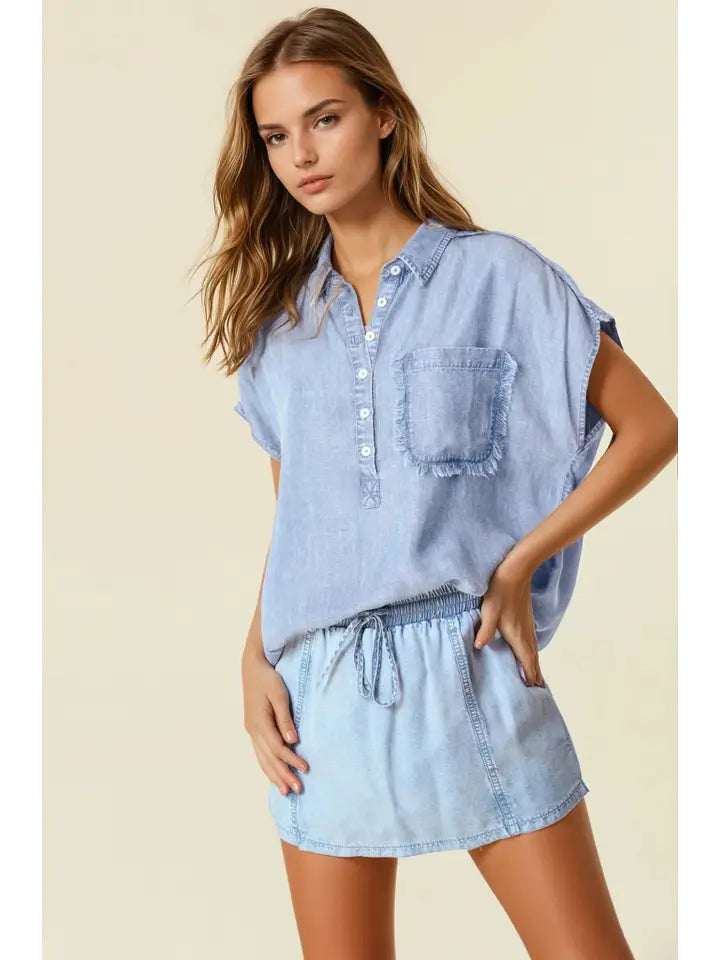 Doe & Rae Denim Fray Dolman Short Sleeve Top