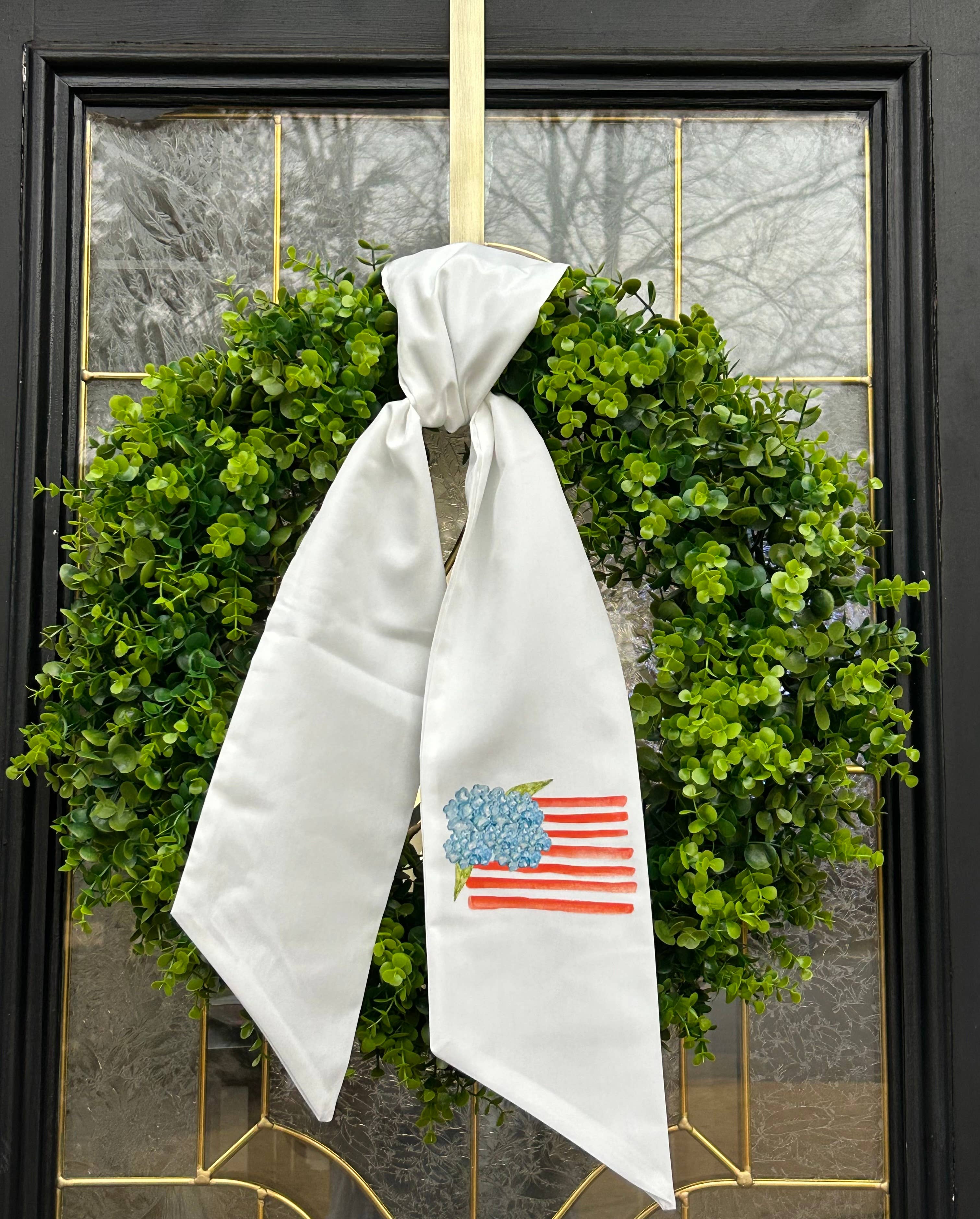 Hydrangea American Flag Wreath Sash-Patriotic Door Decor