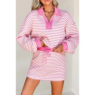 Pink Striped Collared Pullover and Skort Set