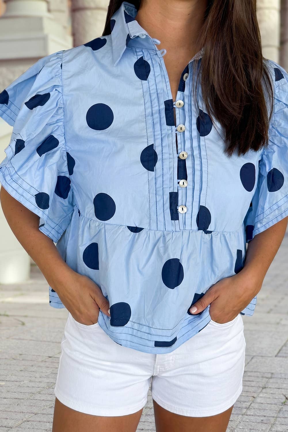 Polka Dot Print Ruffled Short Sleeve Buttoned Collare Blouse