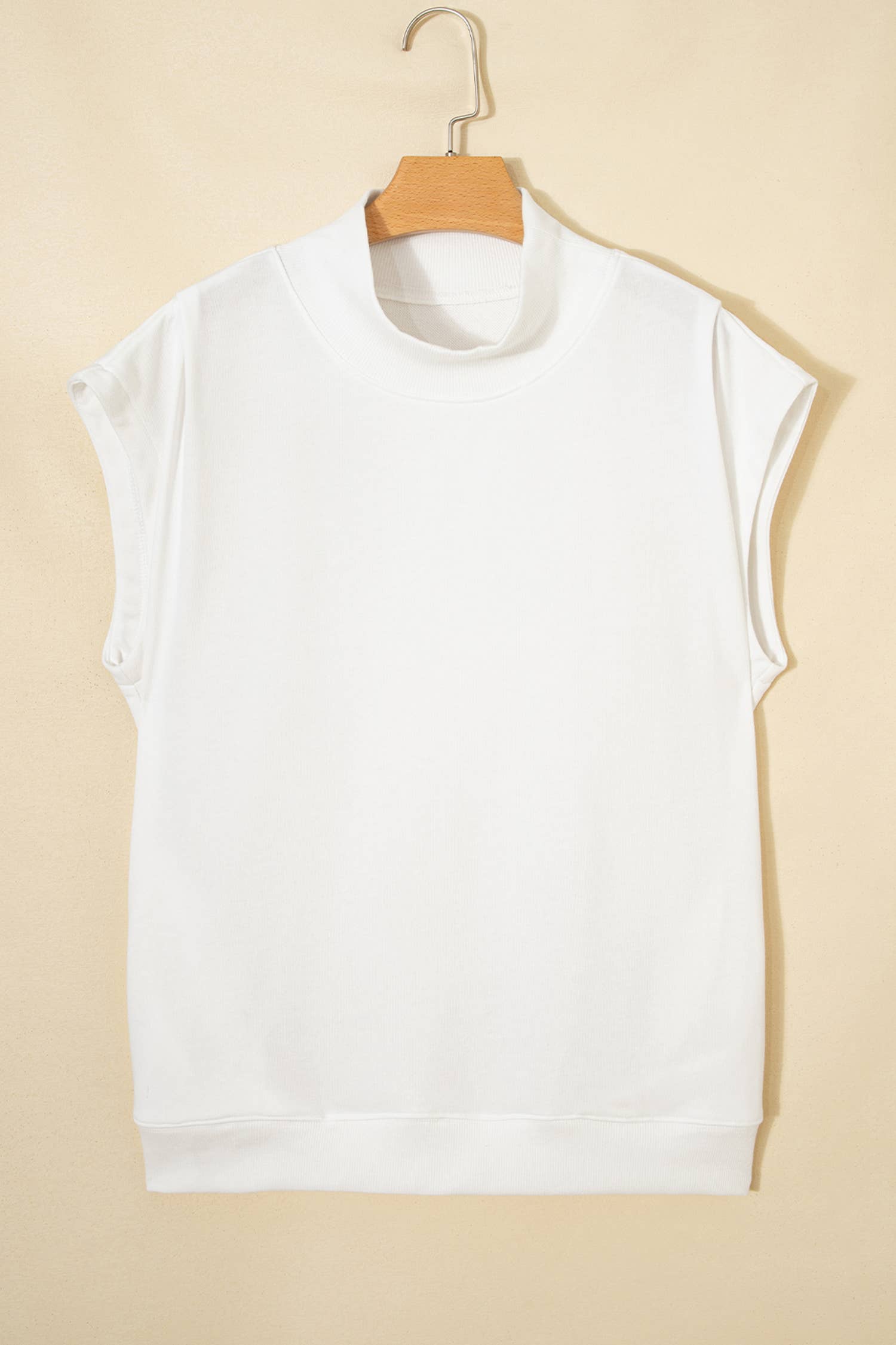 Pocket Soft Solid Color Cap Sleeve Loose Mock Neck Top S-4X