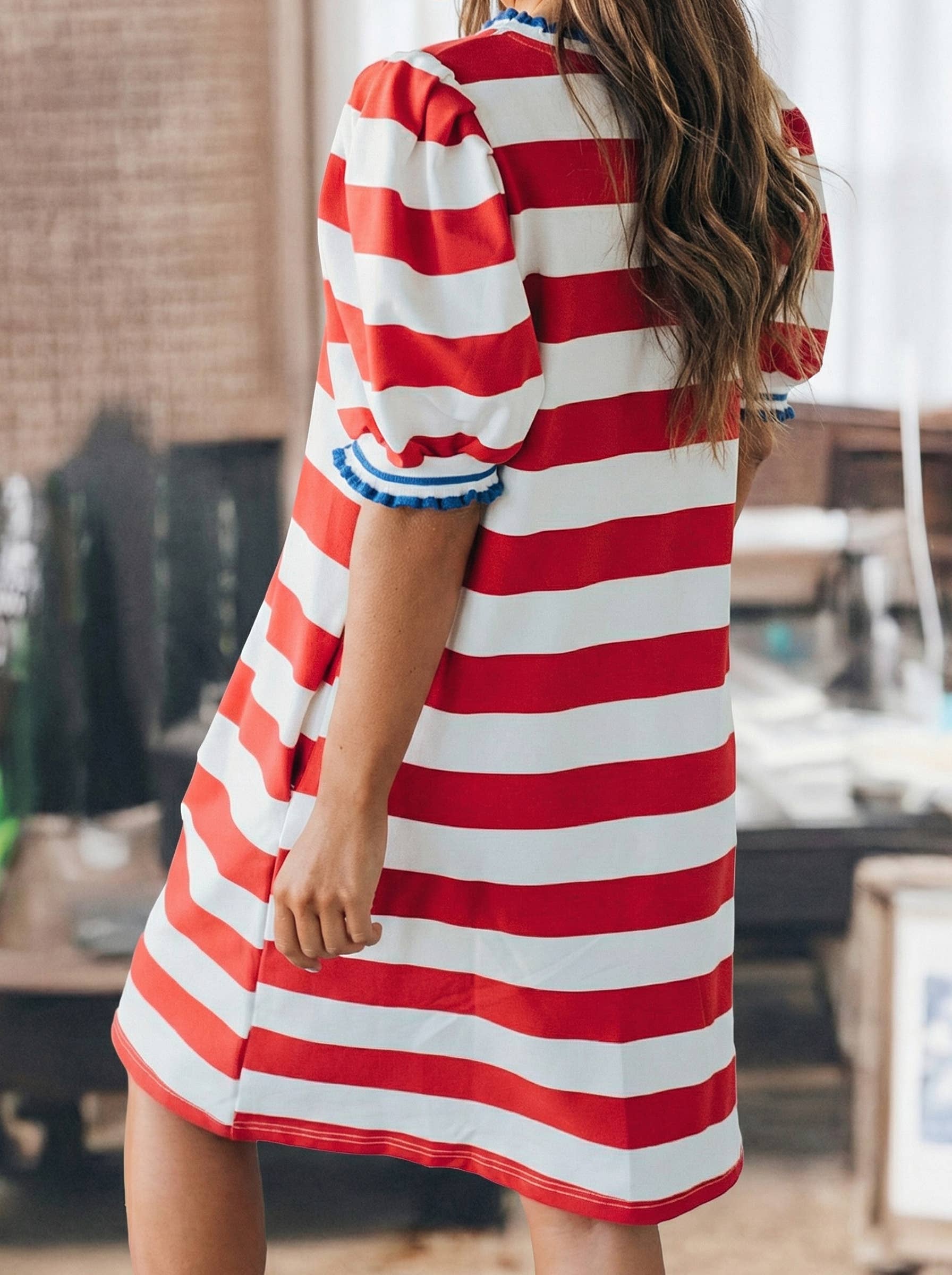 July 4th Stripe Contrast Trim Short Puff Sleeve Shift Dress