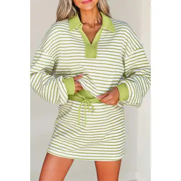 Green Stripe Collared Pullover Skort Set
