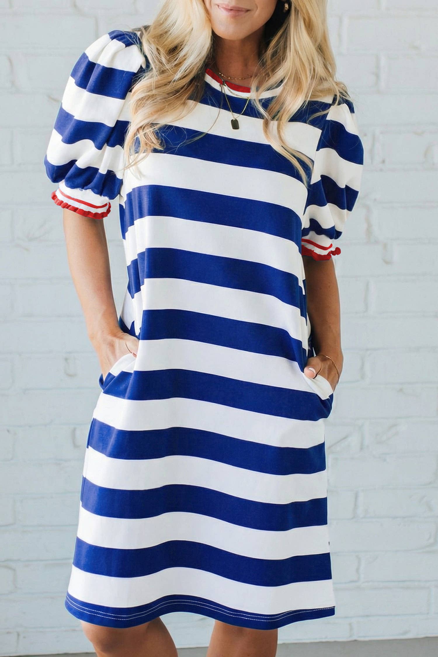 July 4th Stripe Contrast Trim Short Puff Sleeve Shift Dress