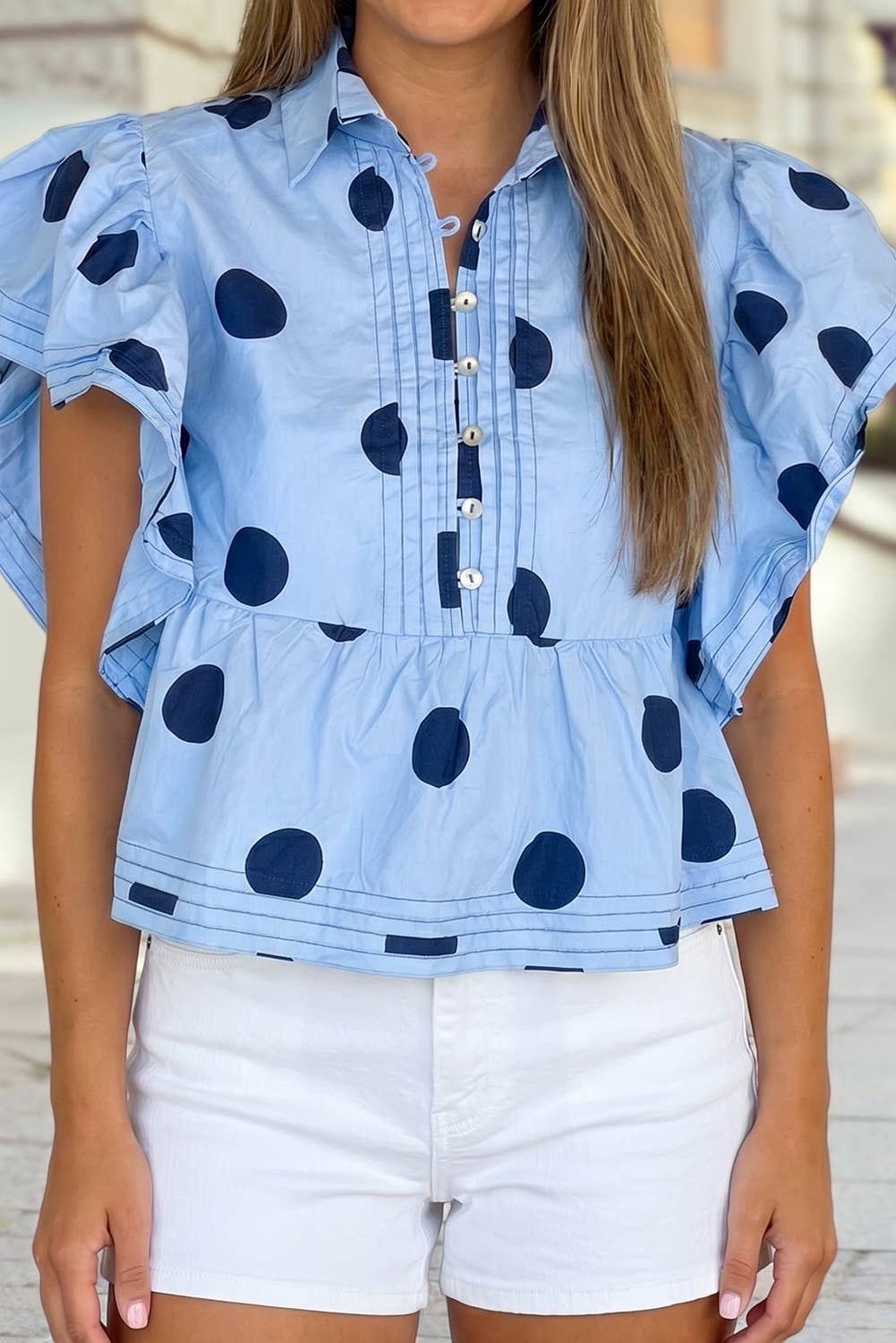 Polka Dot Print Ruffled Short Sleeve Buttoned Collare Blouse