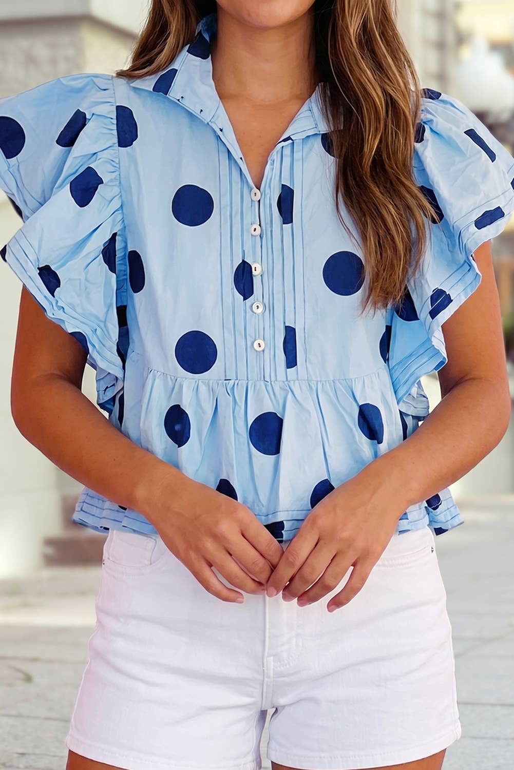 Polka Dot Print Ruffled Short Sleeve Buttoned Collare Blouse