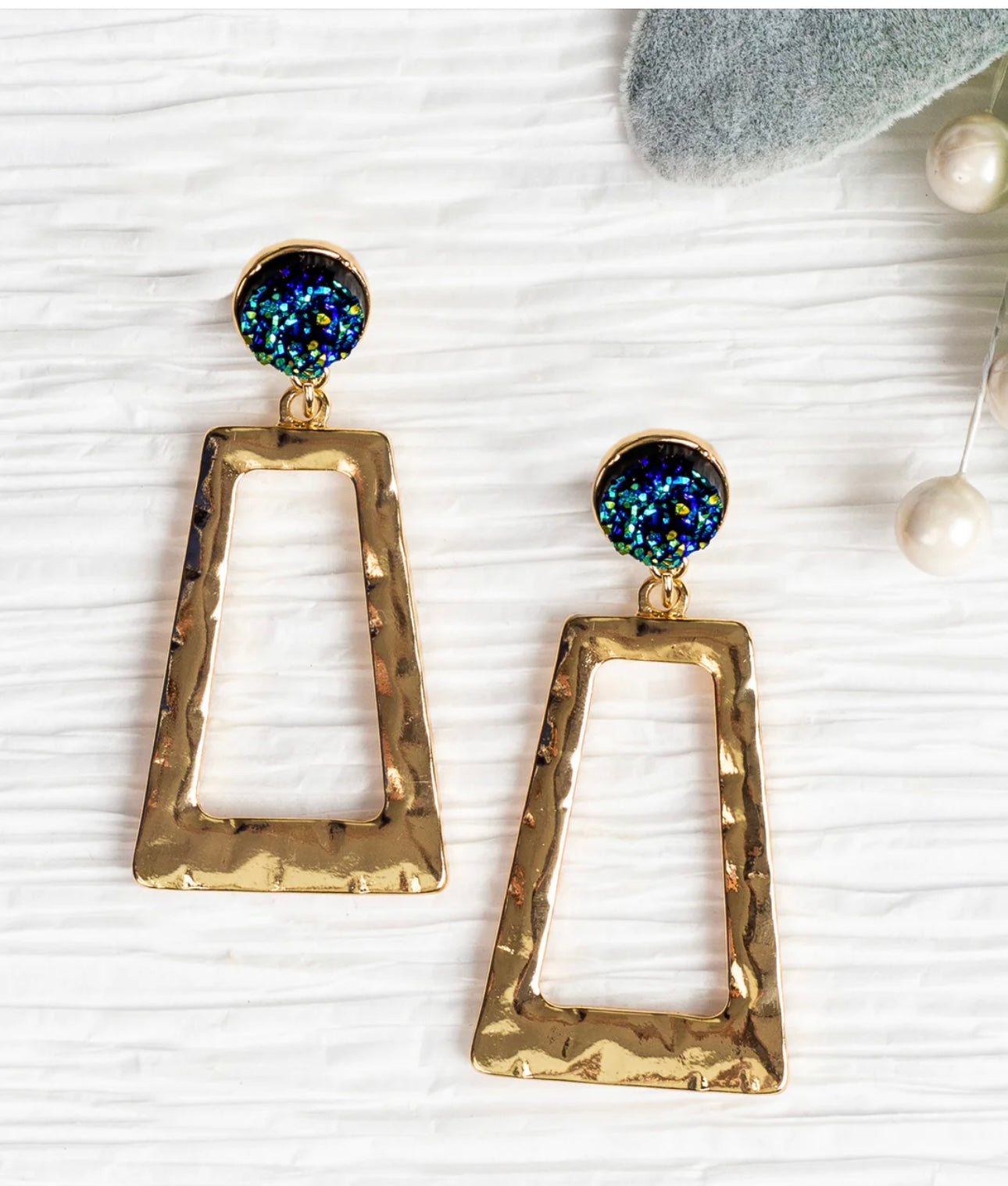 Gold Rectangular Hoops With Blue Studs