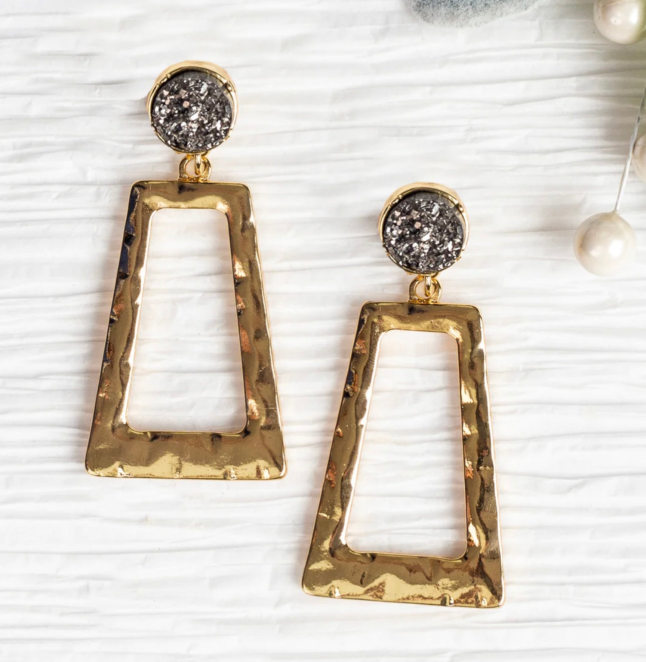 Gold Rectangular Hoops With Grey Studs