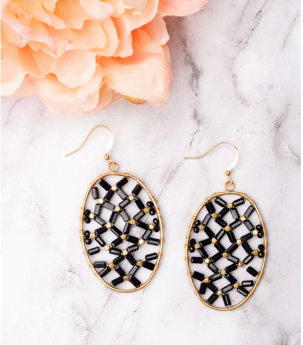 Black Bead Oval Earrings