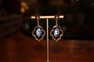 Gold and Blue Bead Dangle Earrings