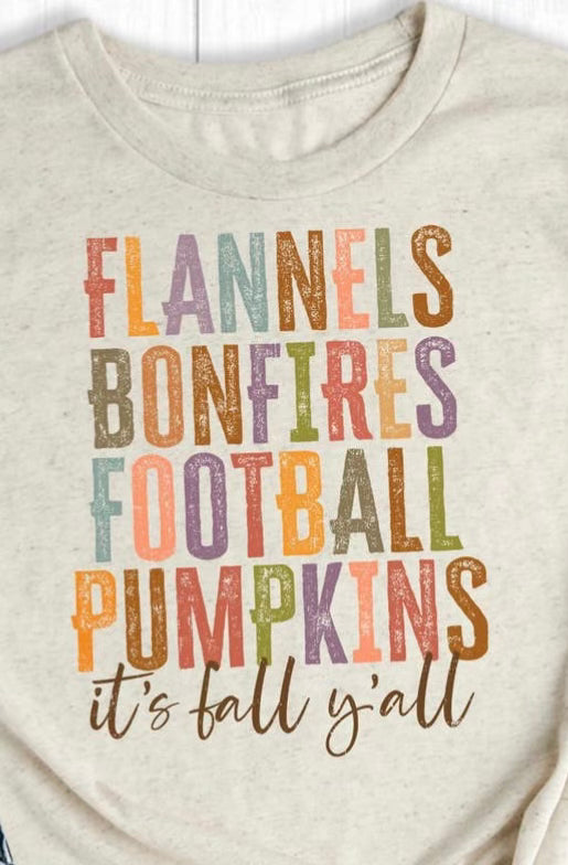 Flannels Bonfires Football Pumpkins It's Fall Y'all T-Shirt