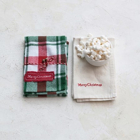 Brushed Cotton Flannel & Linen Tea Towels, 2 Styles, Set of 2 Tied w/ Twine & Bells