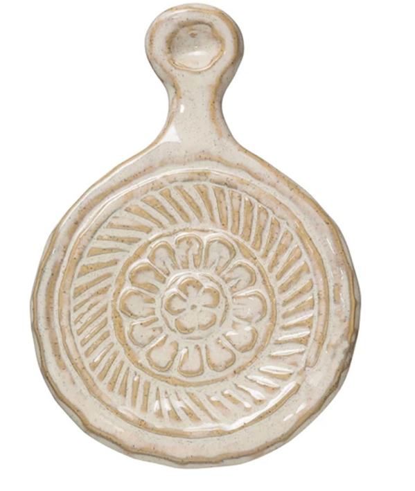 Stoneware Trivet With Handle- Embossed White