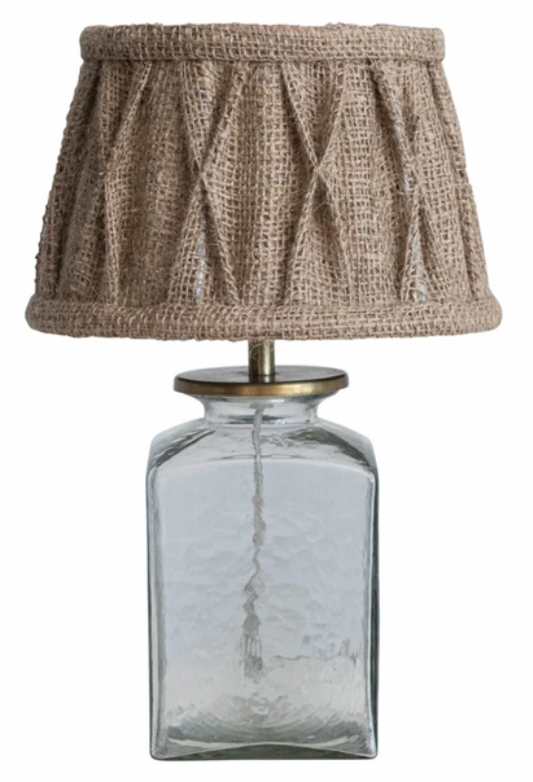 Small Glass & Metal Table Lamp w/ Pintucked Jute Shade