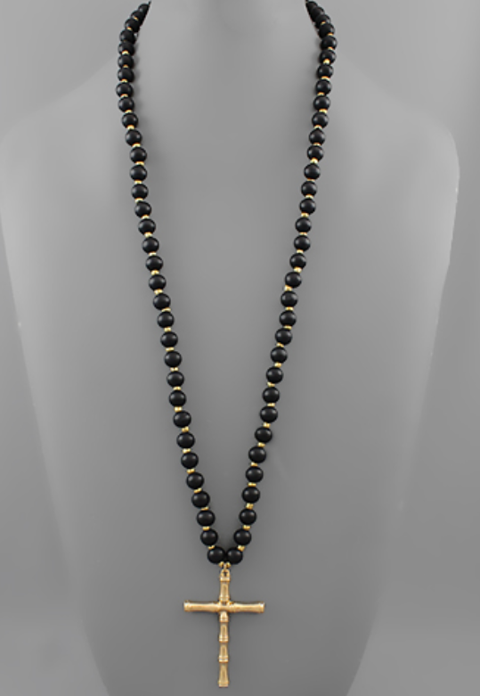 Black Beaded Cross Necklace