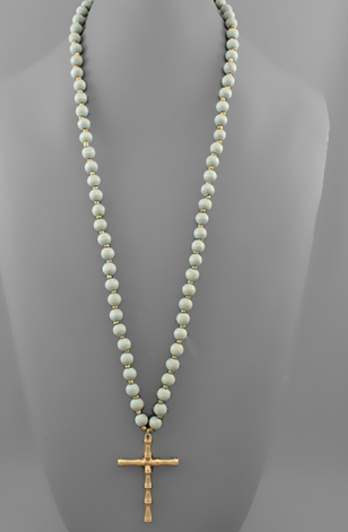 Grey Beaded Cross Necklace