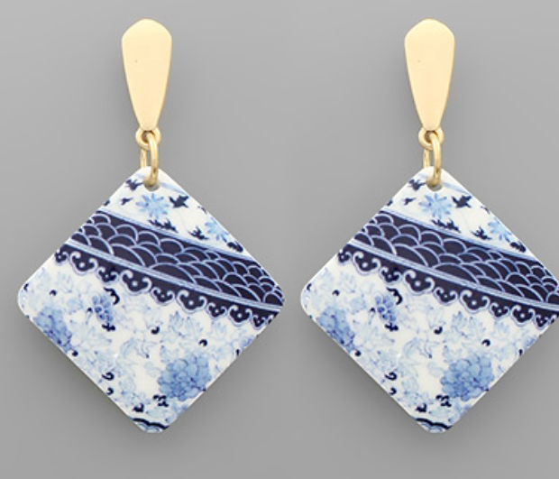 Blue & White Square Earrings