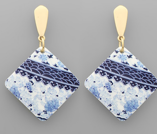 Blue & White Square Earrings