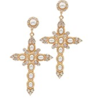 Gold Pearl Cross Earrings