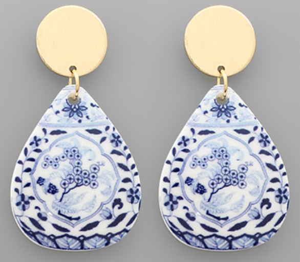 Blue and White Round Earrings