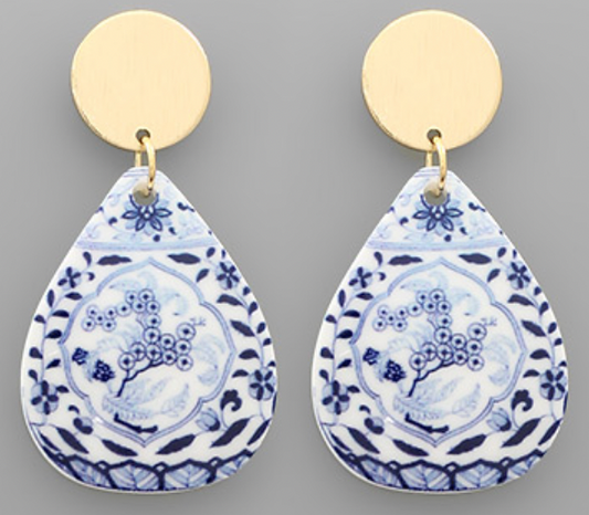 Blue and White Round Earrings