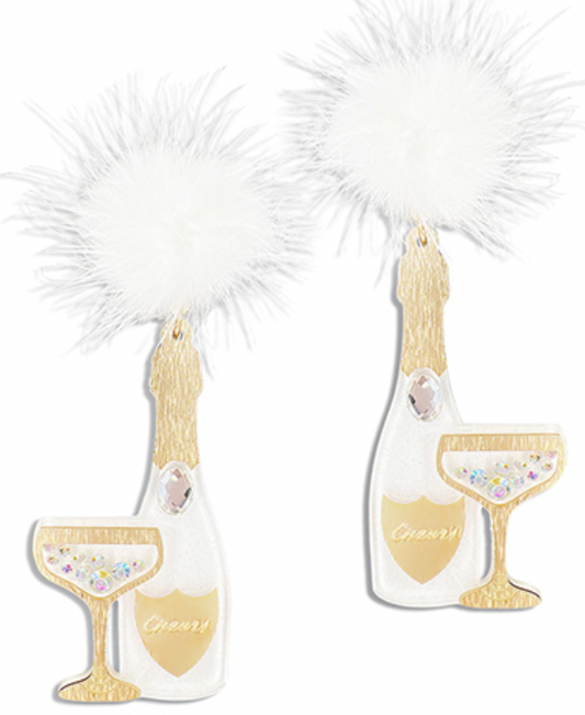 White/ Gold Pom Pom Champagne Earrings