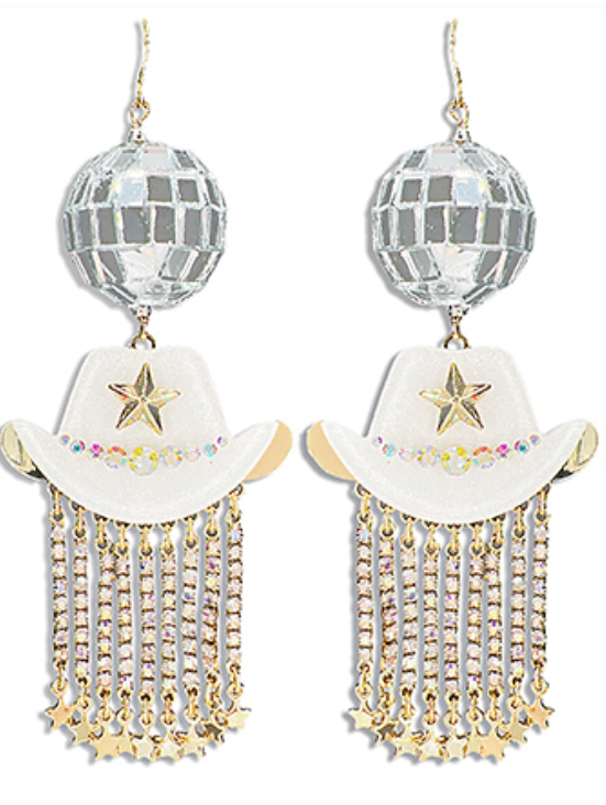 White Discoball Cowboy Hat Earrings