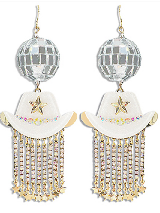 White Discoball Cowboy Hat Earrings