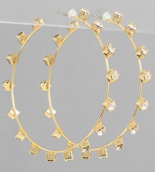 Clear/Gold Stone Wire Hoop Earrings