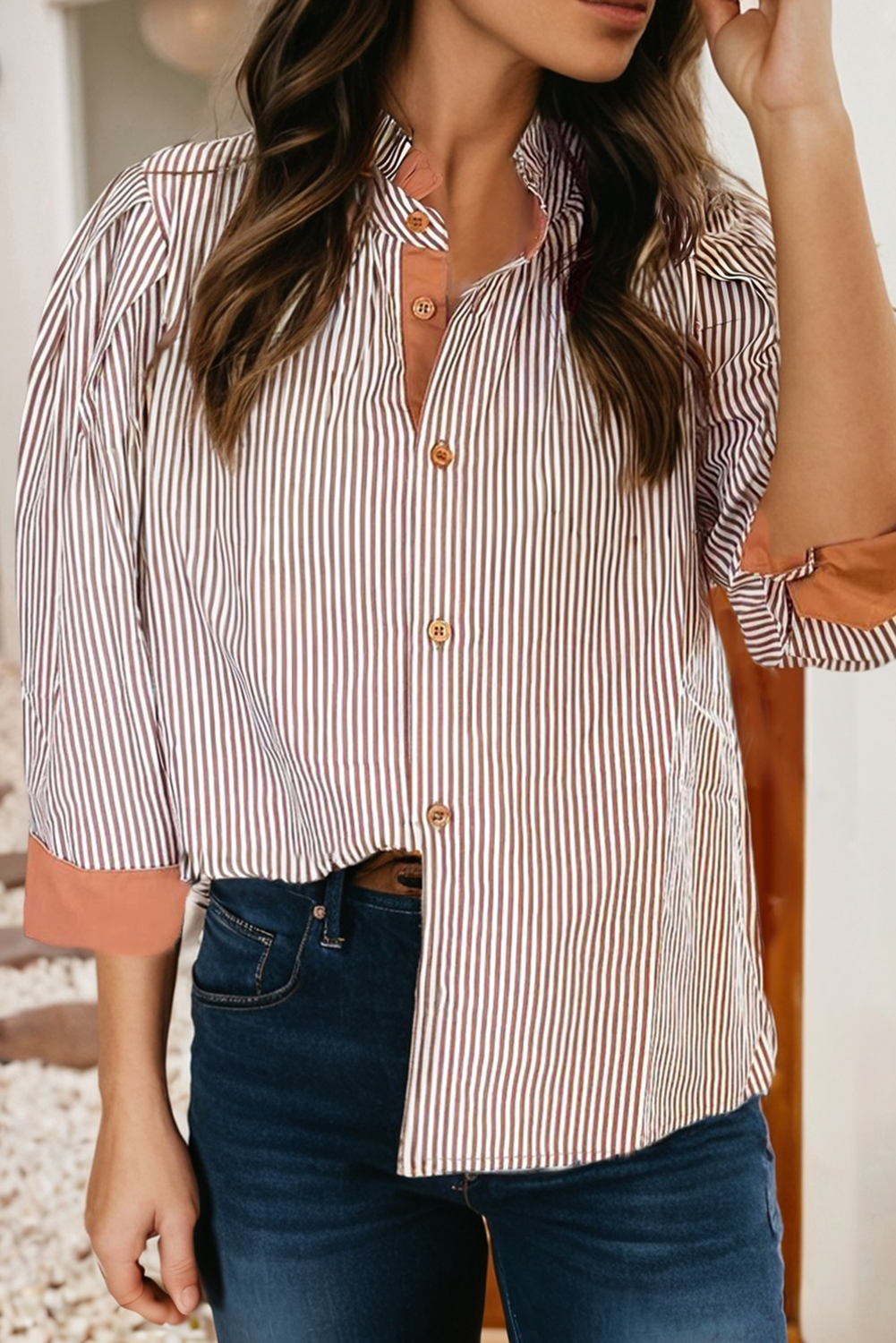 LDC Color Block Patchwork Detail Frilled Collar Button Down