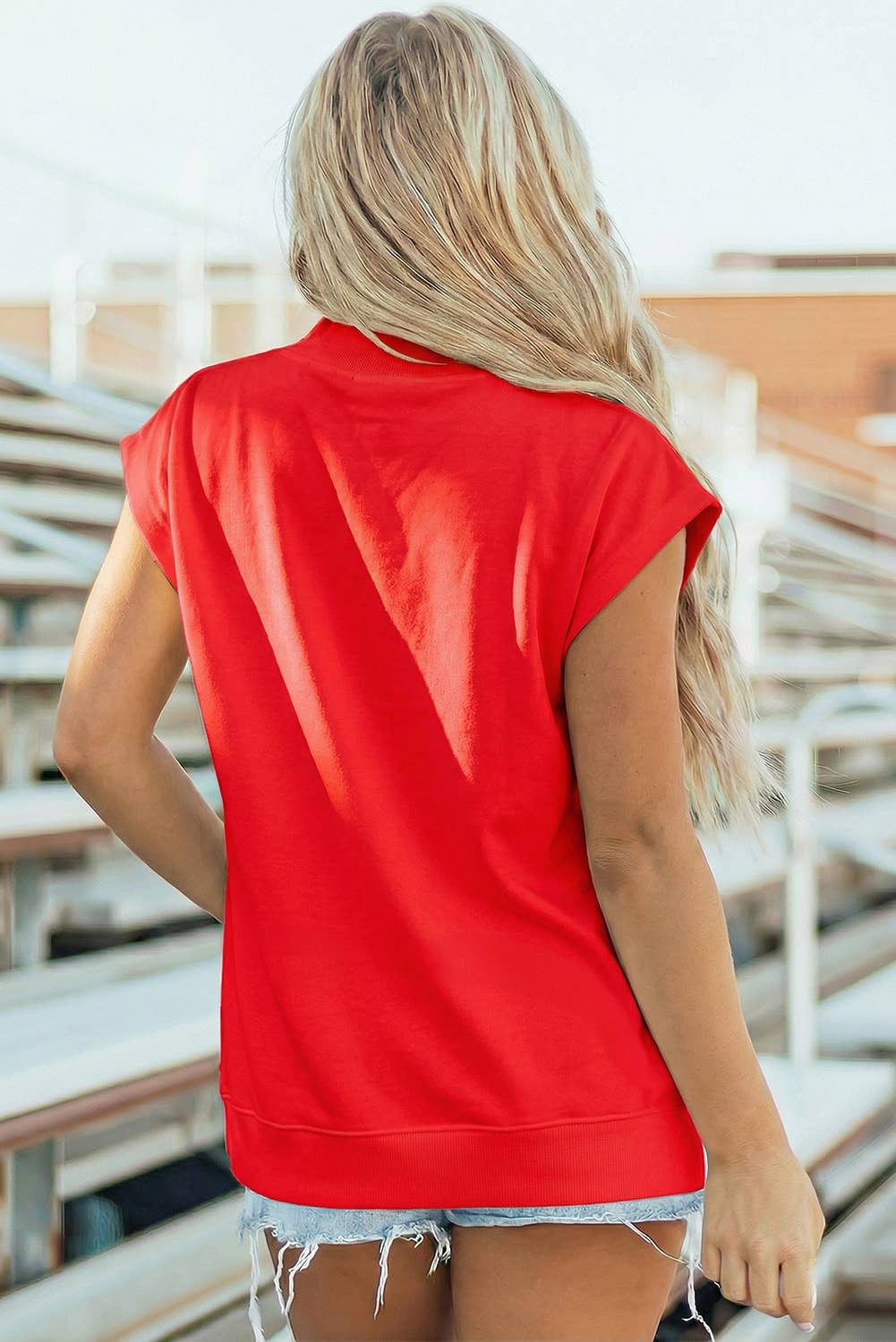 Pocket Soft Solid Color Cap Sleeve Loose Mock Neck Top S-4X