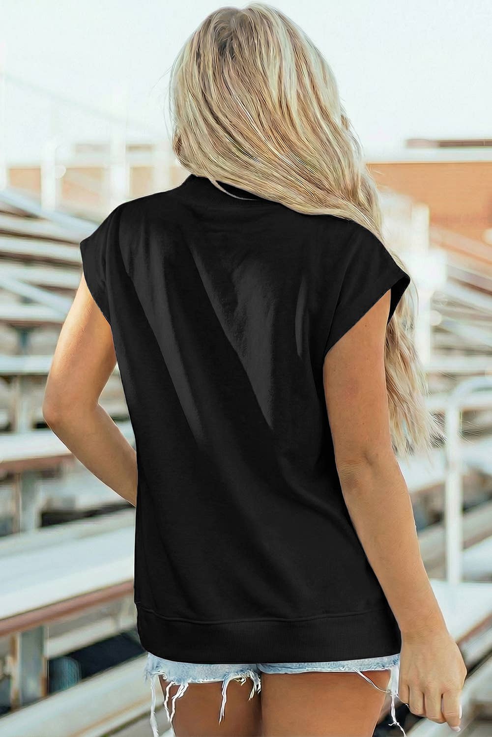 Pocket Soft Solid Color Cap Sleeve Loose Mock Neck Top S-4X
